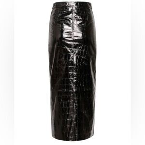 GESTUZ Anafee High Waist Croc Embossed Lambskin Leather Midi Skirt in Black-